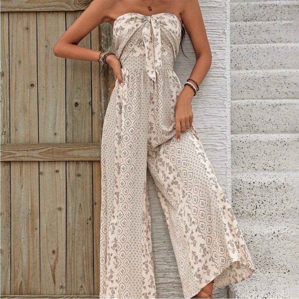 Elegant Boho Cream Strapless Jumpsuit